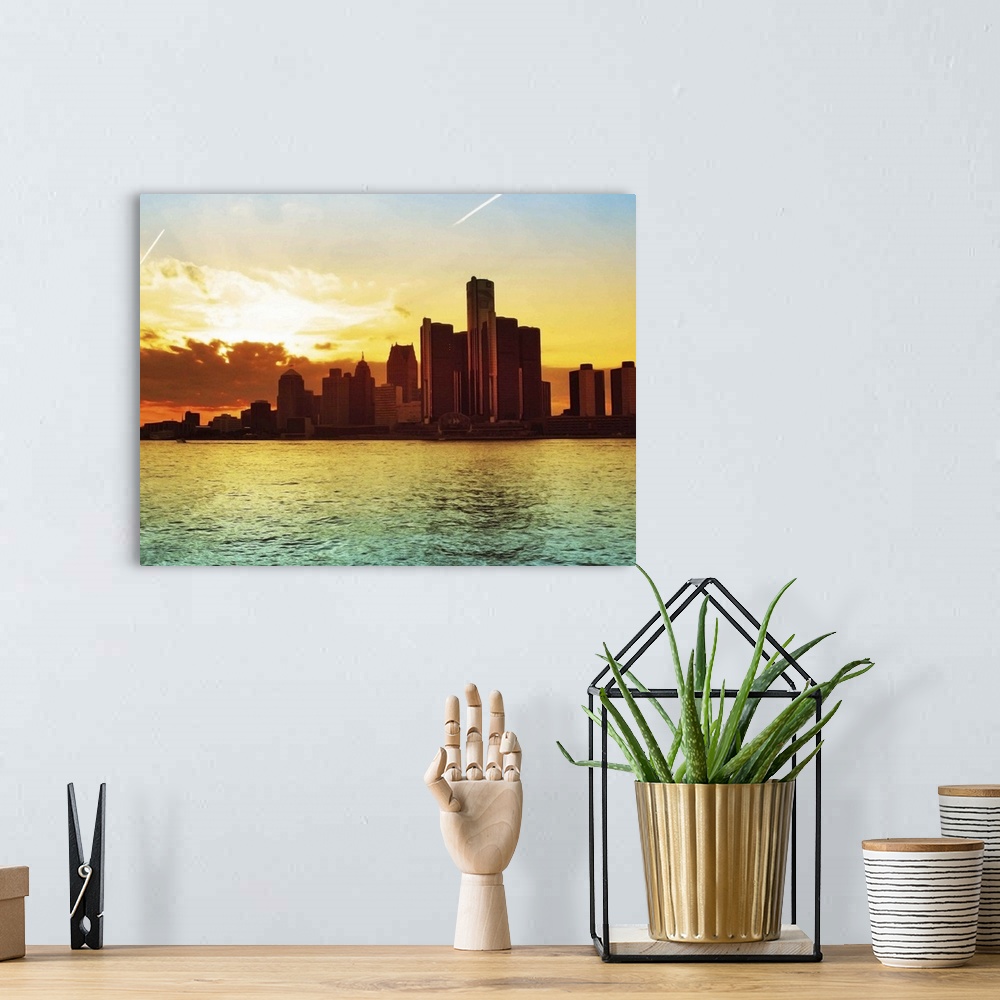 A bohemian room featuring Sunset on the Detroit River.