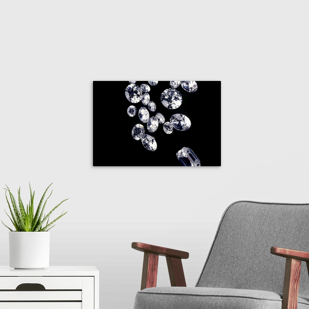 A modern room featuring Diamonds on black background, (Close-up)