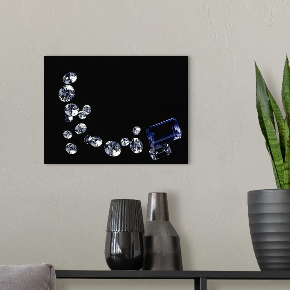 A modern room featuring Diamonds on black background, (Close-up)