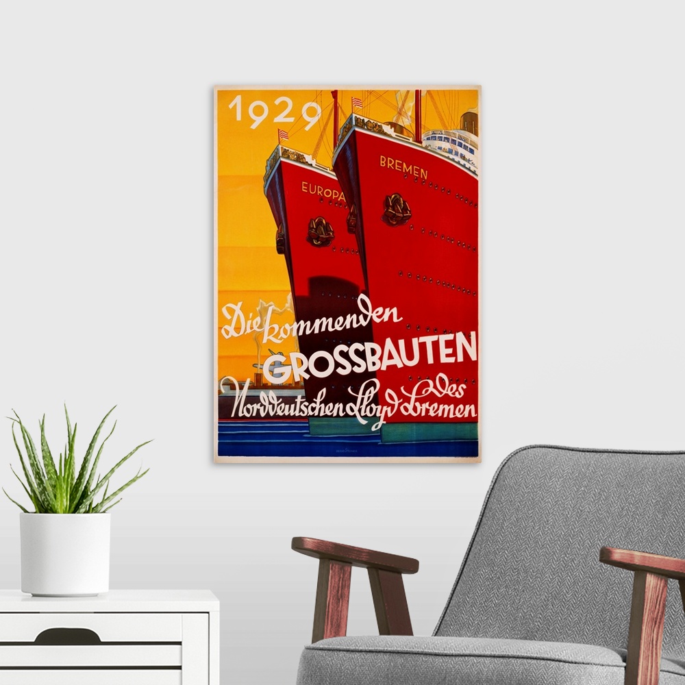 A modern room featuring Die Kommenden Grossbauten Poster By Bernd Steiner