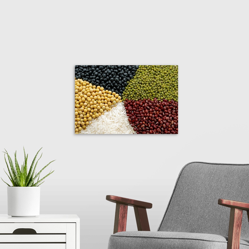 A modern room featuring Different Chinese grains and beans, close-up
