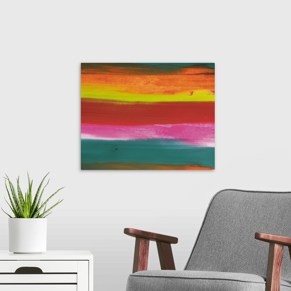 A modern room featuring Image of a Several Different-colored Stripes Lying Upon Each Other, Oil Painting, Front View