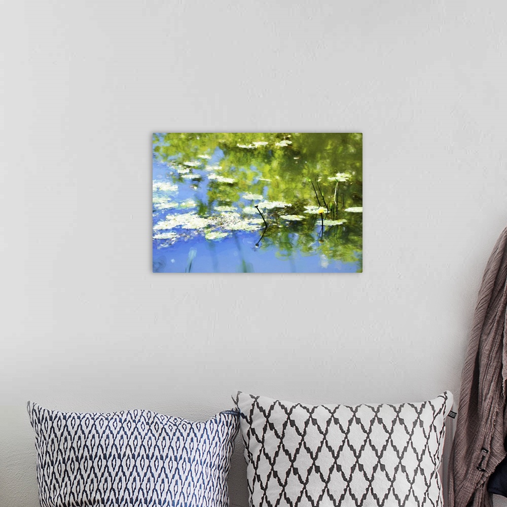 A bohemian room featuring Originally digital art, watercolor paint effect, waterlily in pond, reflection in water.