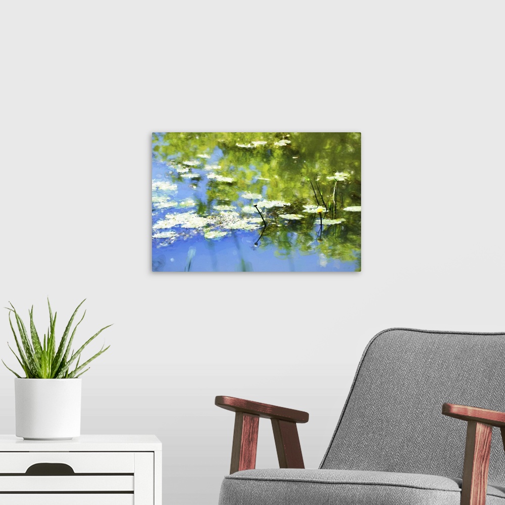 A modern room featuring Originally digital art, watercolor paint effect, waterlily in pond, reflection in water.