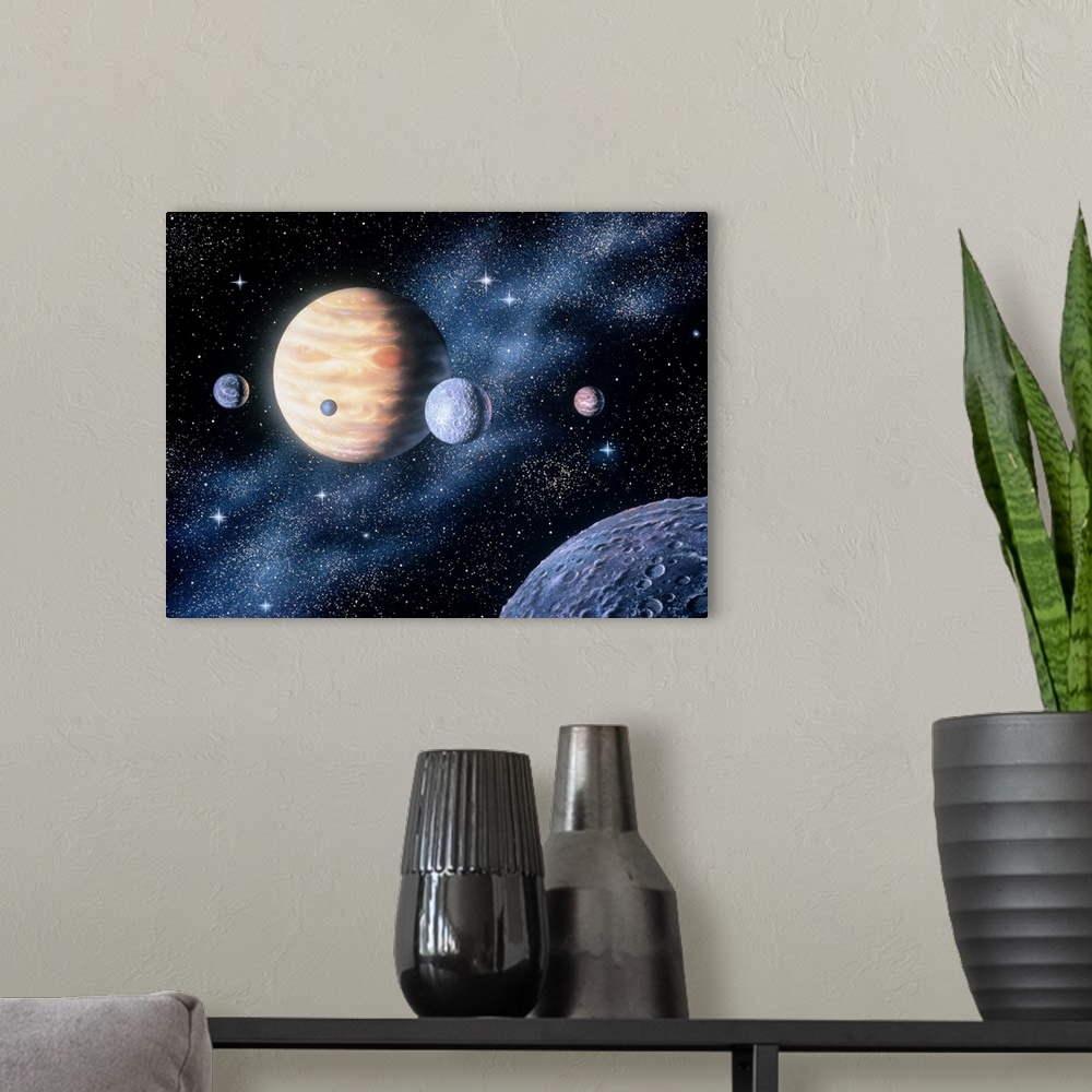A modern room featuring Digital concept painting of the planets in our solar system