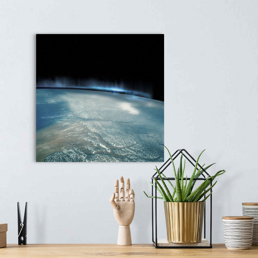 A bohemian room featuring Digital Illustration of Aurora Borealis from Space