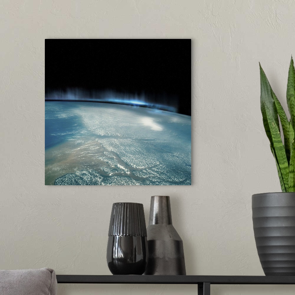 A modern room featuring Digital Illustration of Aurora Borealis from Space