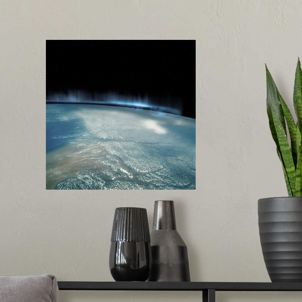 A modern room featuring Digital Illustration of Aurora Borealis from Space