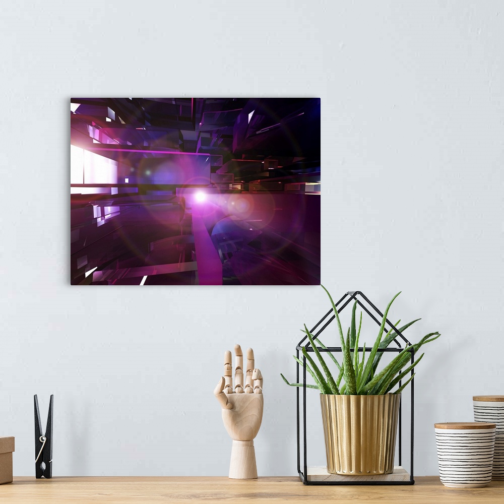 A bohemian room featuring Digitally generated abstract cityscape in purple