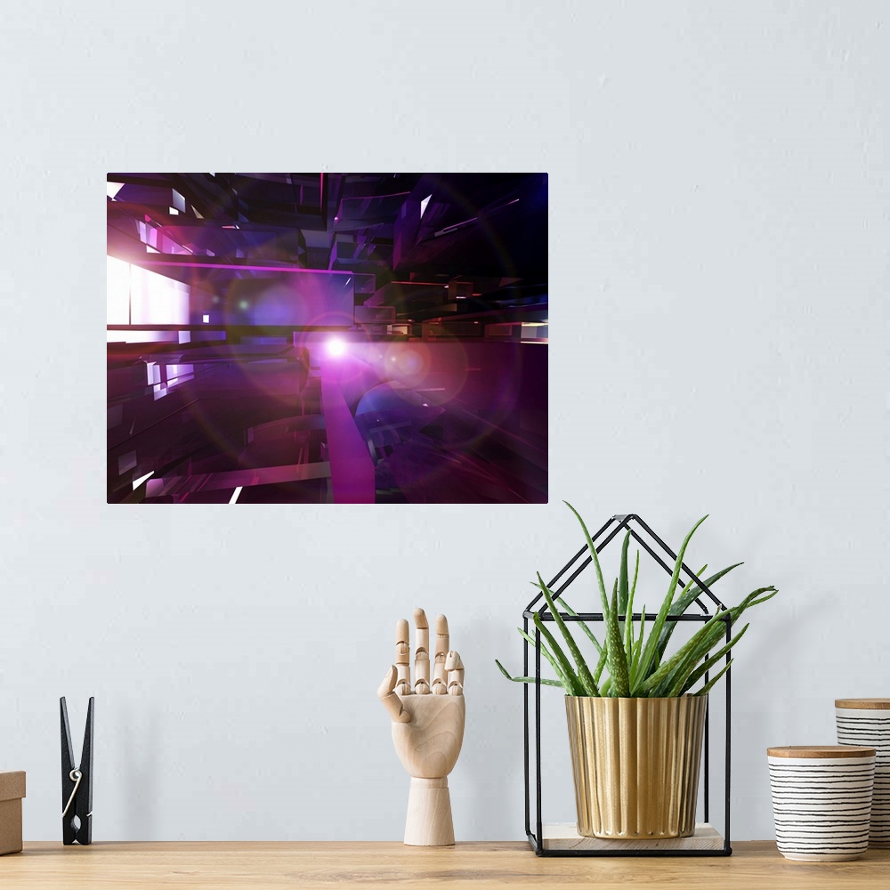 A bohemian room featuring Digitally generated abstract cityscape in purple