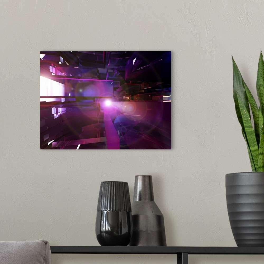 A modern room featuring Digitally generated abstract cityscape in purple