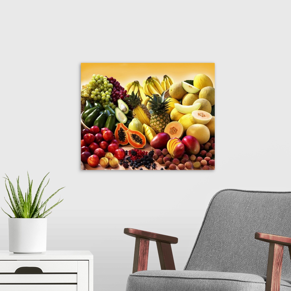 A modern room featuring Display of exotic fruit with stone fruits and avocados