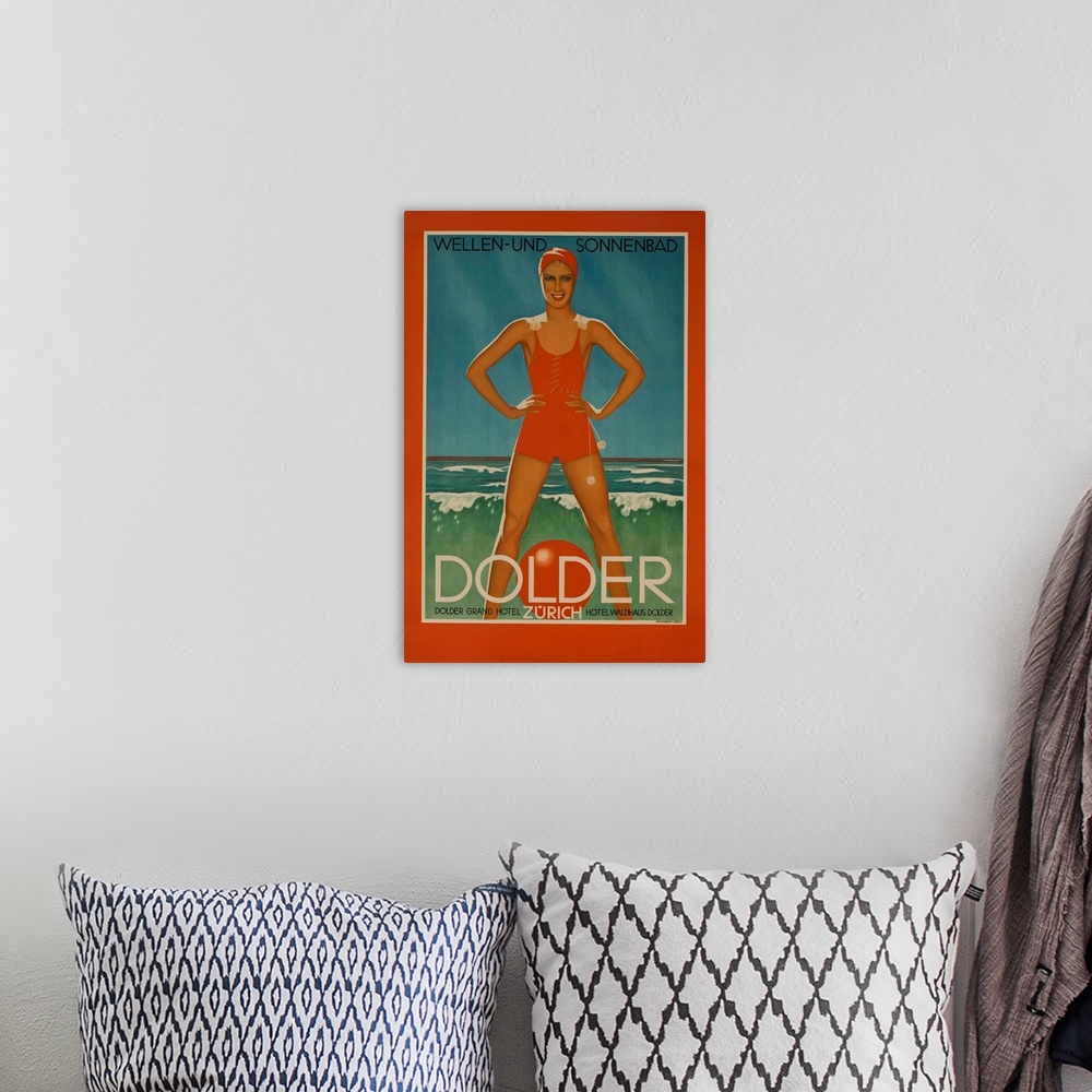 A bohemian room featuring 1930s Swiss travel poster, for the Dolder Grand Hotel Zurich. Bathing beauty stands over a beach ...