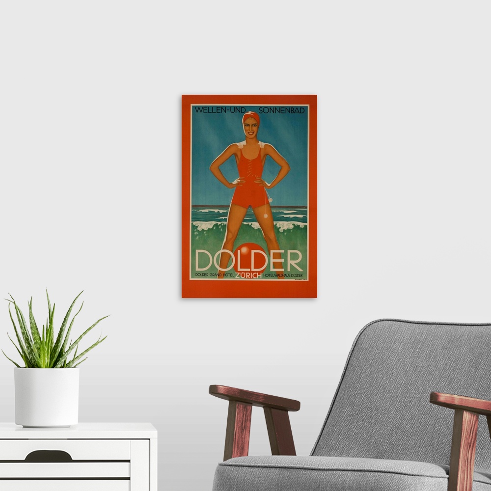 A modern room featuring 1930s Swiss travel poster, for the Dolder Grand Hotel Zurich. Bathing beauty stands over a beach ...
