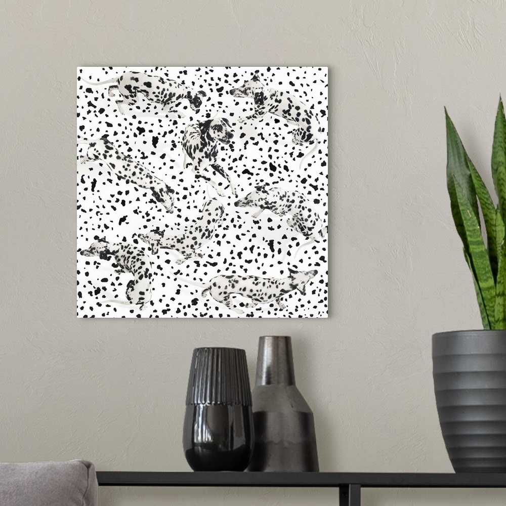 A modern room featuring Spotted Dalmatian dogs  walking around in a pattern of dots. One leaping up.
