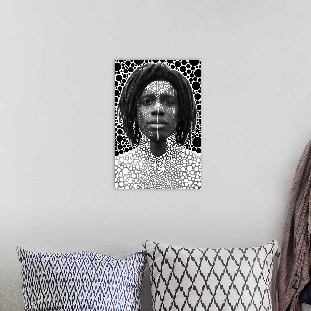 A bohemian room featuring Creative portrait made by combining a photograph with an illustration.