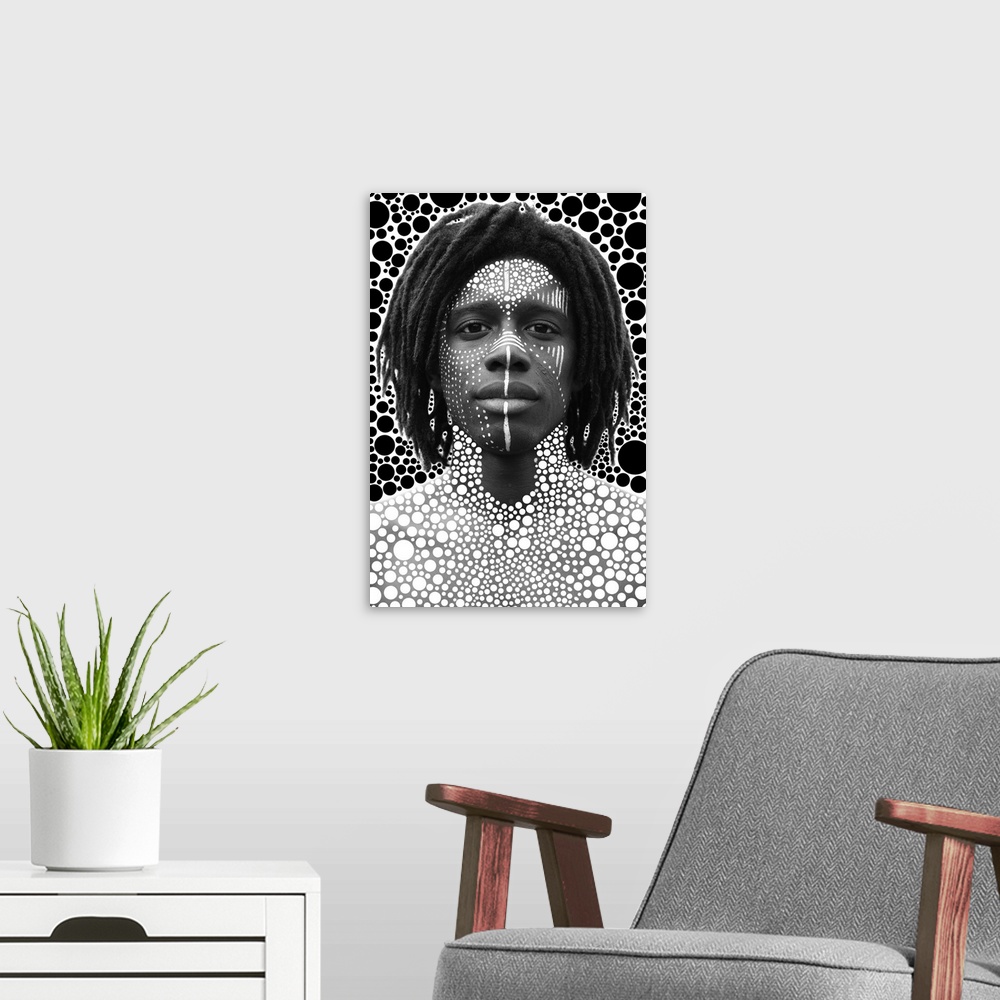 A modern room featuring Creative portrait made by combining a photograph with an illustration.
