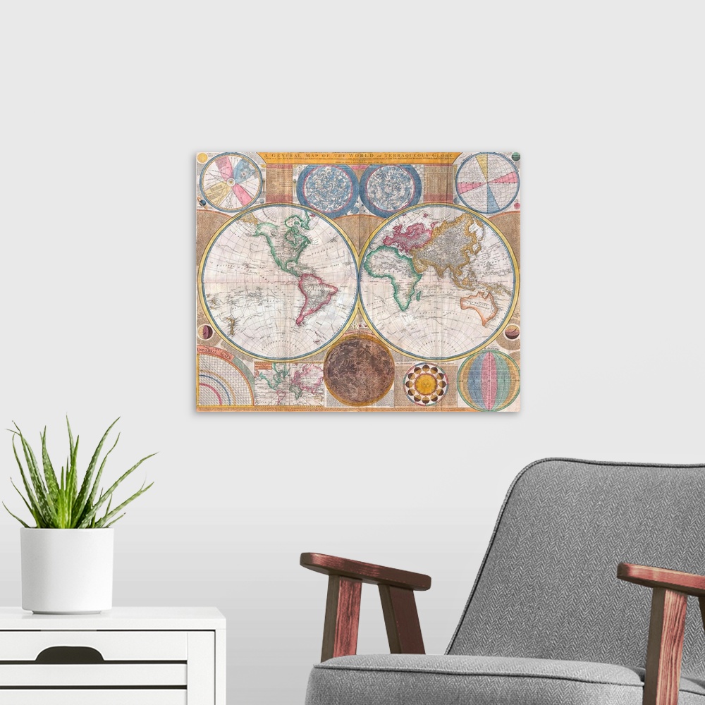 A modern room featuring 1794. Entitled A General Map of the World, or Terraqueouis Globe with all the New Discoveries and...