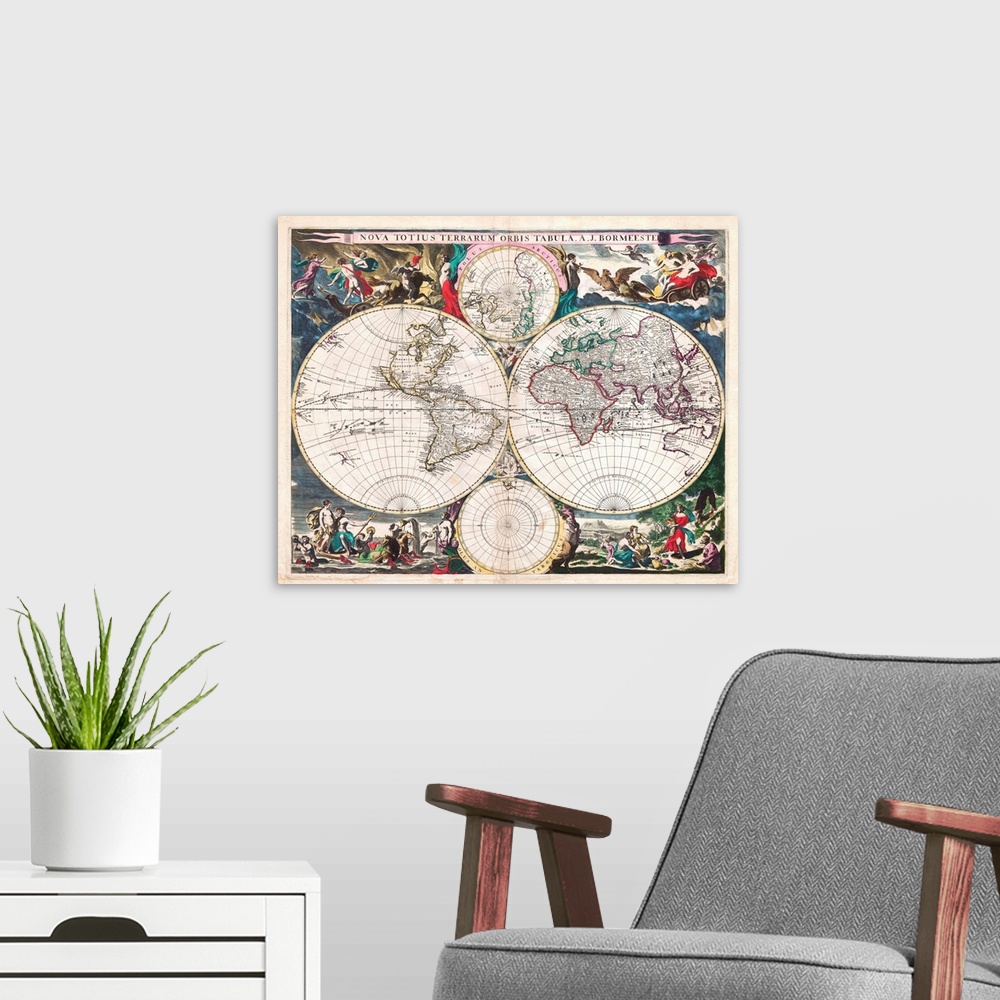 A modern room featuring 1685 double-hemisphere world map by Joachim Bormeester (Nova Totius Terrarum Orbis Tabula), 22 x ...