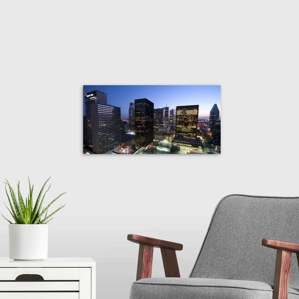 A modern room featuring Downtown Dallas at dusk, Texas.