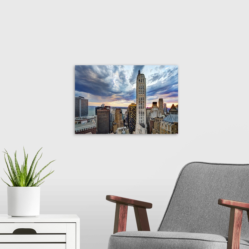 A modern room featuring Taken from 75 Wall St looking south at New York harbor, Downtown/lower manhattan skyline, Goldman...