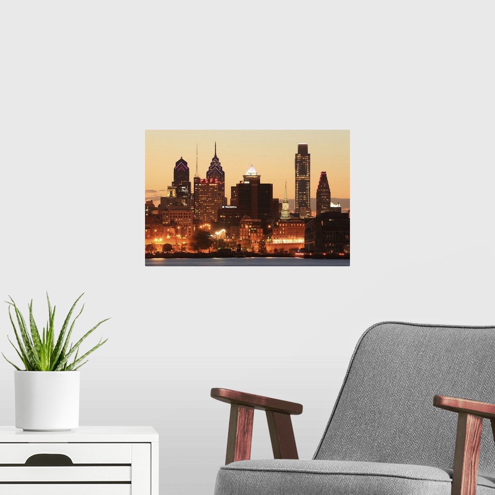 A modern room featuring Downtown Philadelphia, Pennsylvania at sunset