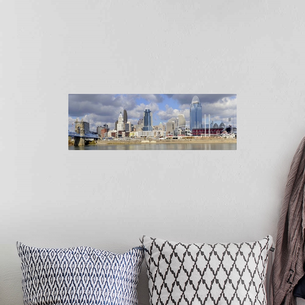 A bohemian room featuring Downtown skyline of Cincinnati as view across the Ohio River.