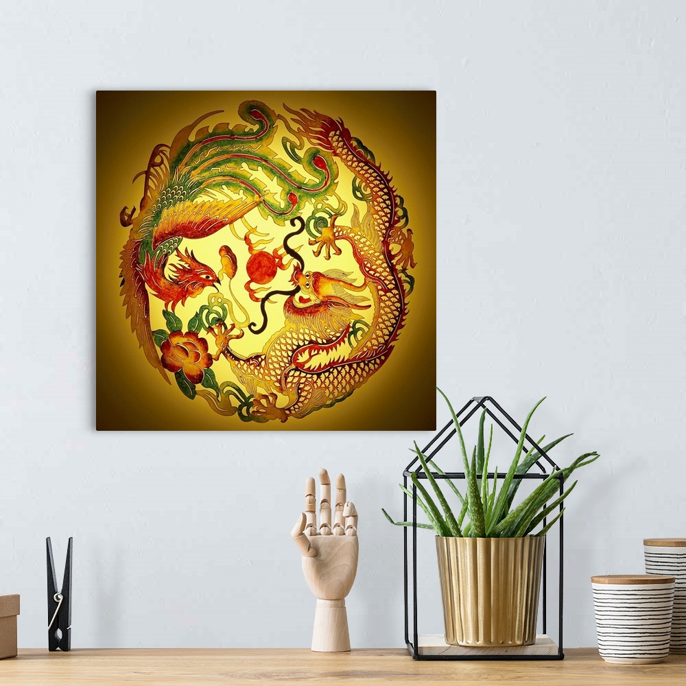 A bohemian room featuring Stenciled fanatasy art of a dragon and phoenix intertwined in a circle with each on a burnt amber...