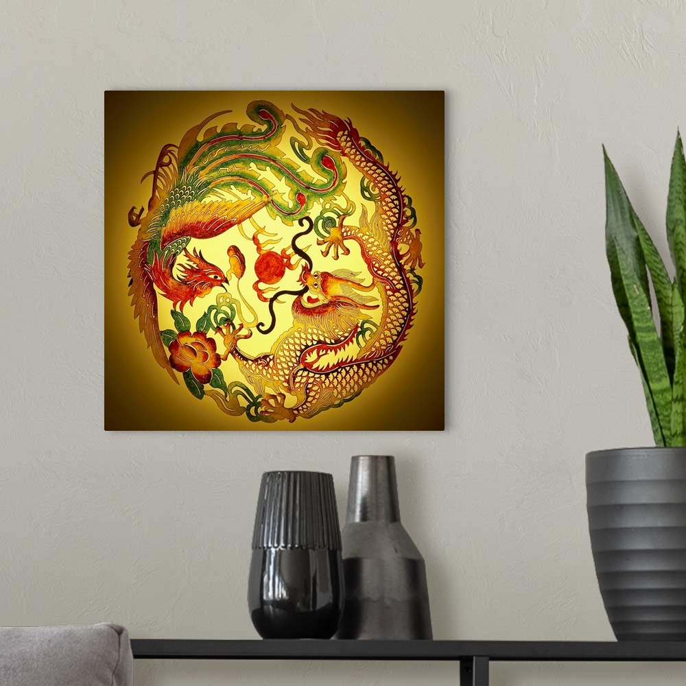 A modern room featuring Stenciled fanatasy art of a dragon and phoenix intertwined in a circle with each on a burnt amber...