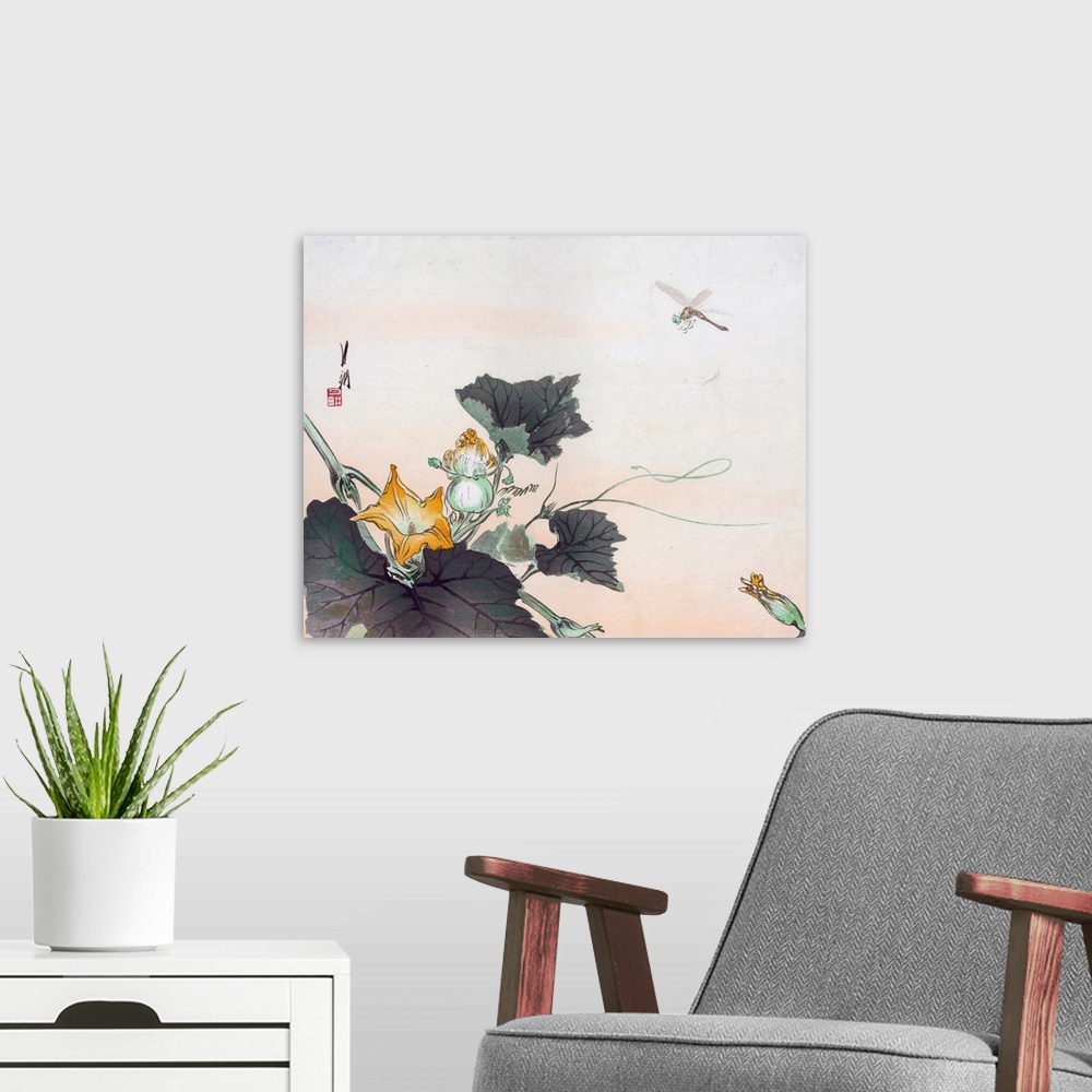 A modern room featuring Dragonfly and a Pumpkin Blossom (Kabocha ni tonbou). Circa 1900. Color woodcut. 24.7 x 30.3 cm. P...