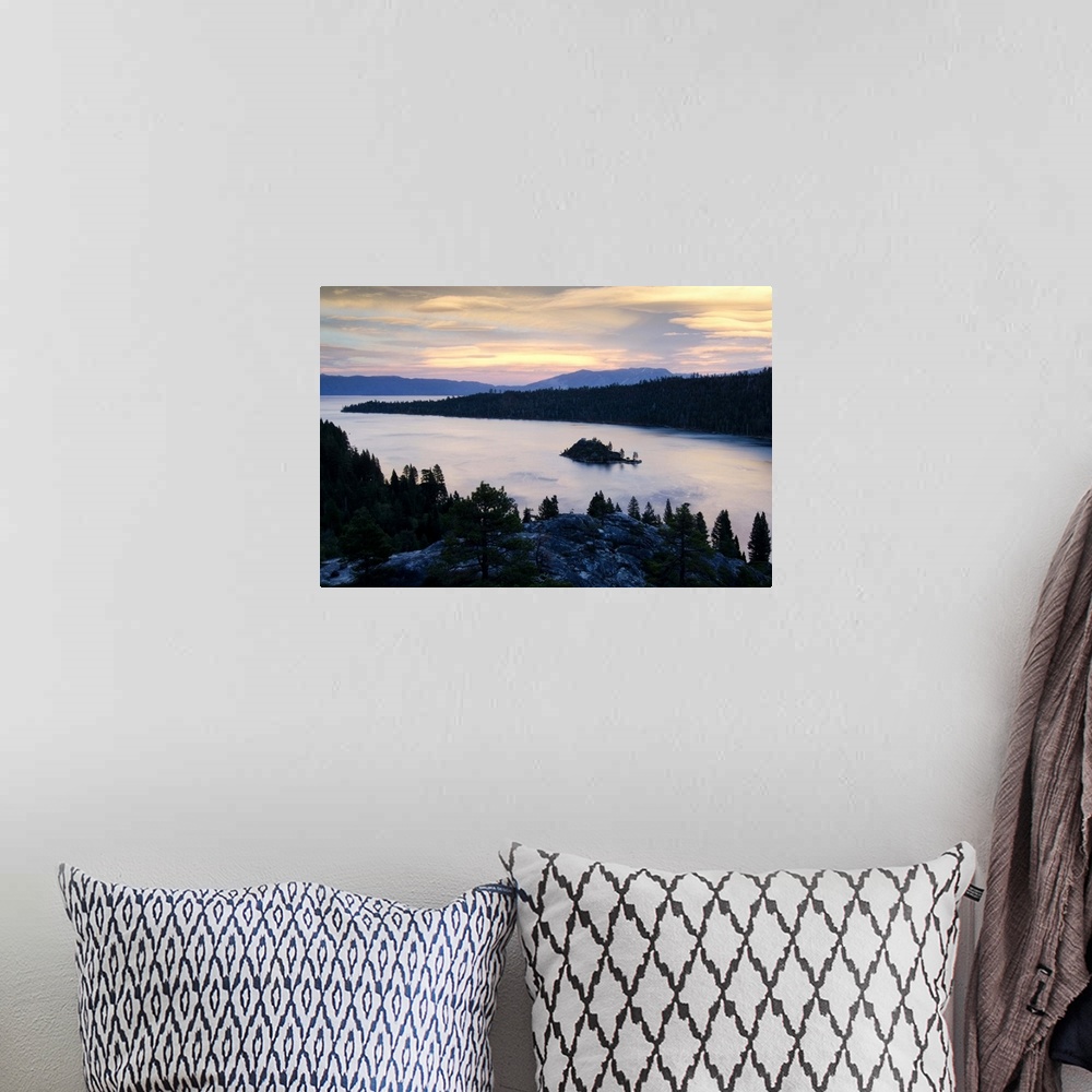 A bohemian room featuring Dramatic clouds at sunset over Emerald Bay in Lake Tahoe, CA.