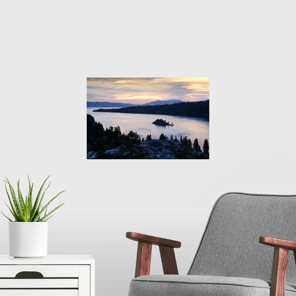 A modern room featuring Dramatic clouds at sunset over Emerald Bay in Lake Tahoe, CA.