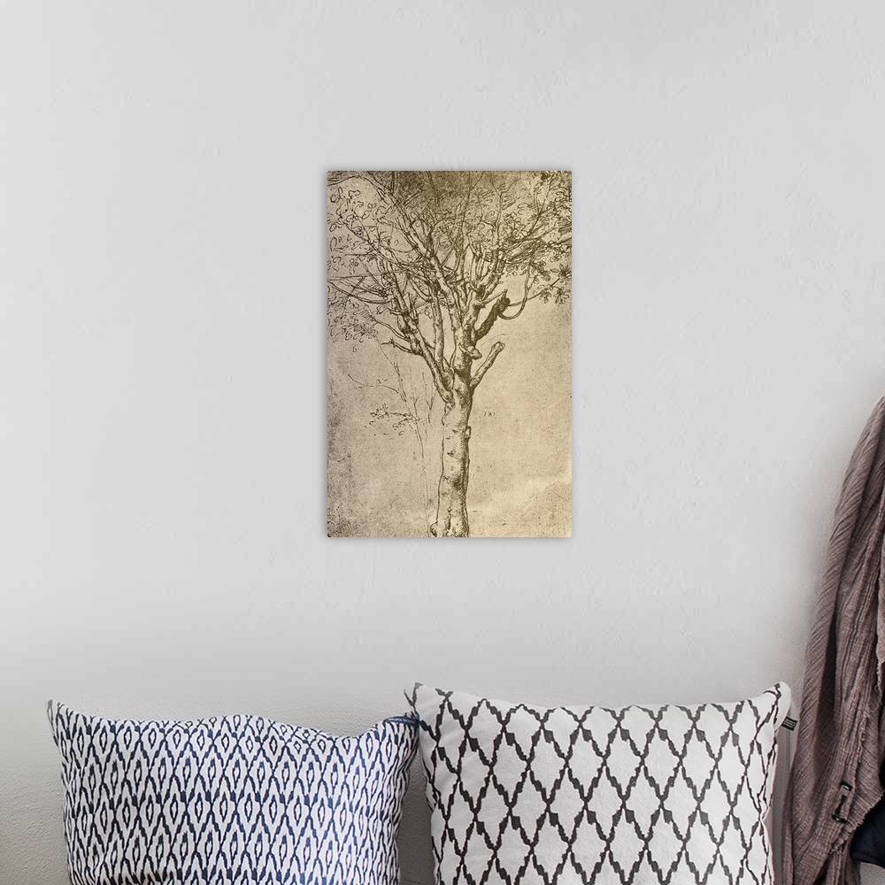 A bohemian room featuring Drawing Of A Tree By Leonardo Da Vinci