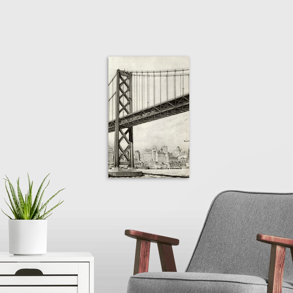 A modern room featuring Architects drawing of the San Francisco Oakland Bridge