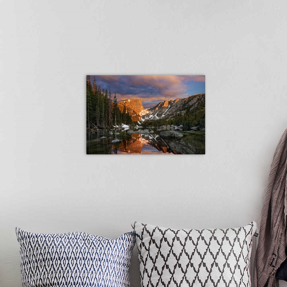 A bohemian room featuring Awesome sunrise over Dream Lake in Rocky Mountain National Park