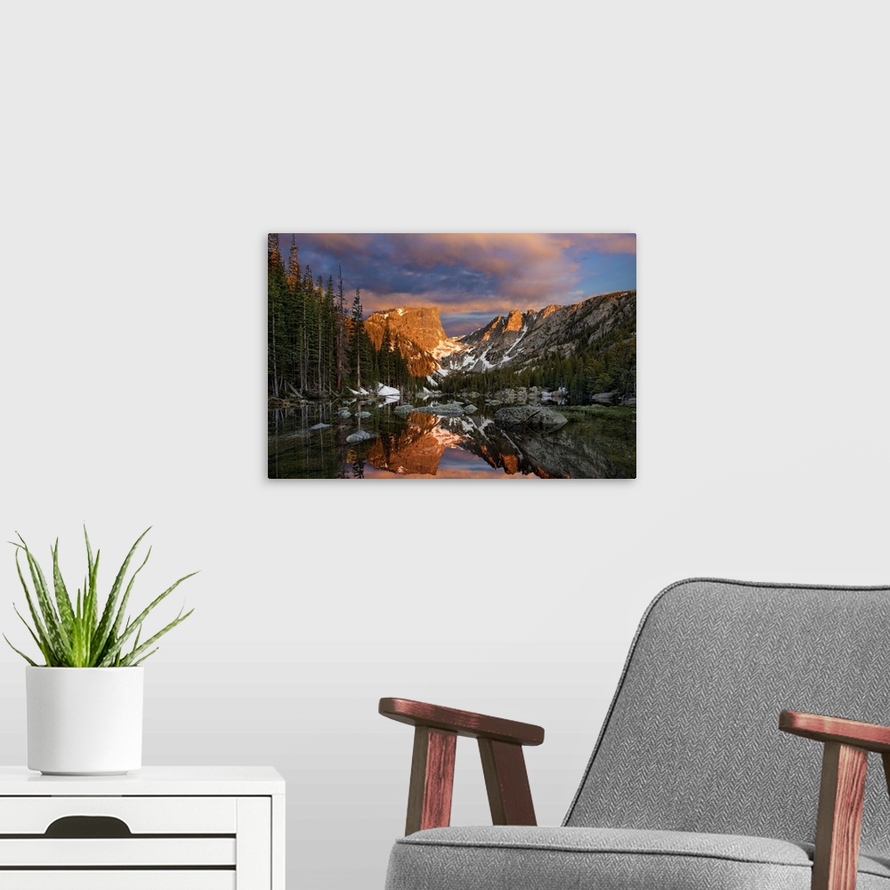 A modern room featuring Awesome sunrise over Dream Lake in Rocky Mountain National Park
