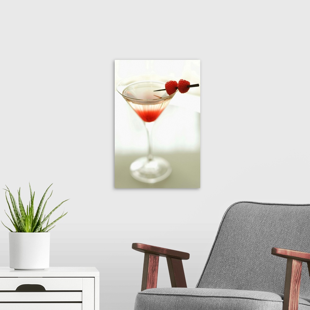 A modern room featuring Drink in martini glass with raspberries