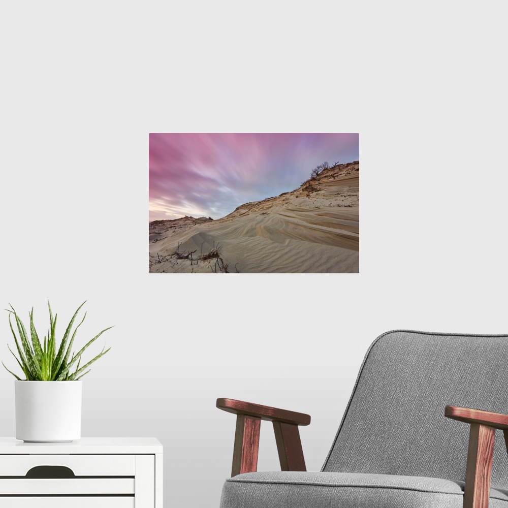 A modern room featuring Dune landscape after sunset in West Dune Park, The Hague, Netherlands.