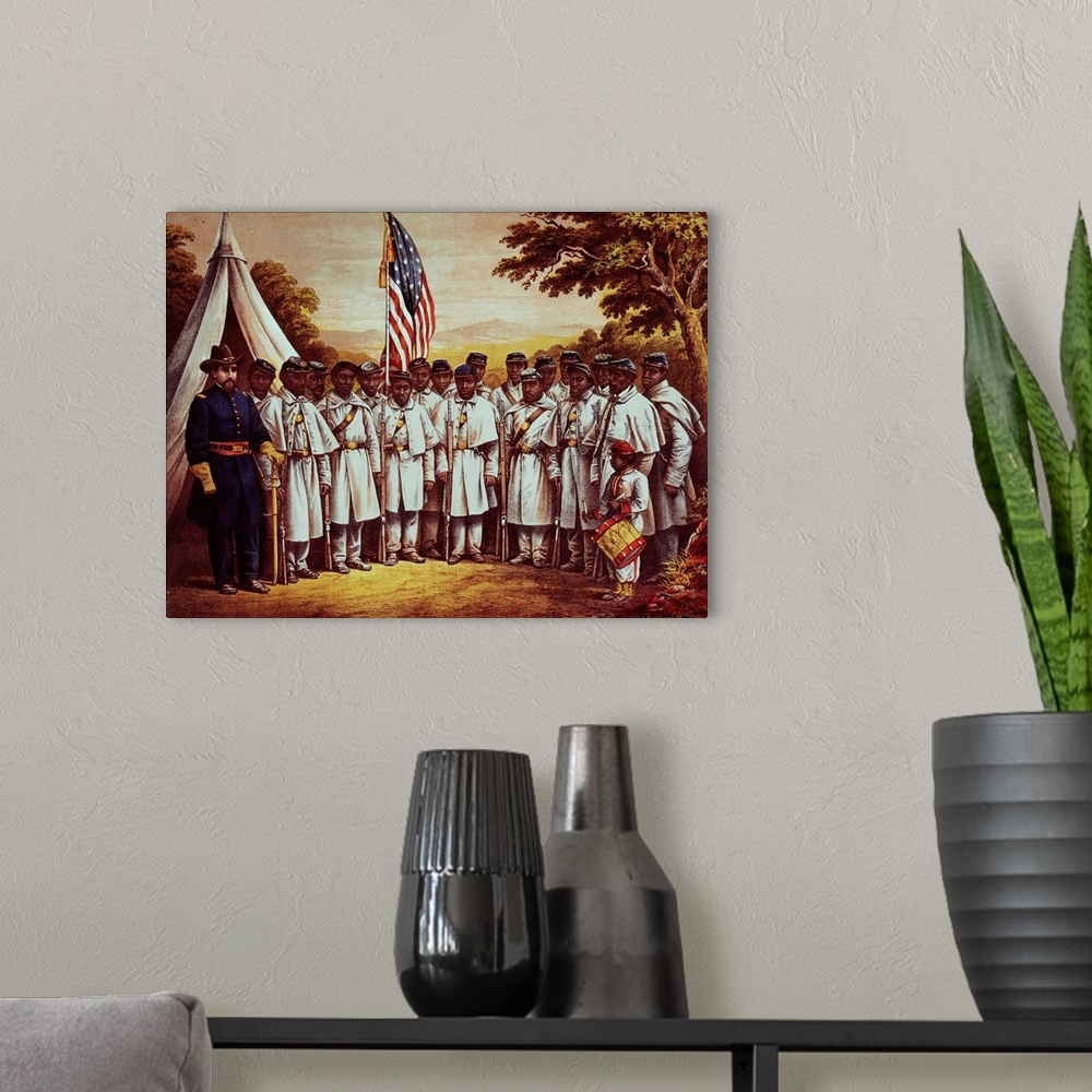 A modern room featuring USA: United States Soldiers at Camp William Penn, Philadelphia, Pennsylvania. Black Regiment. Ral...