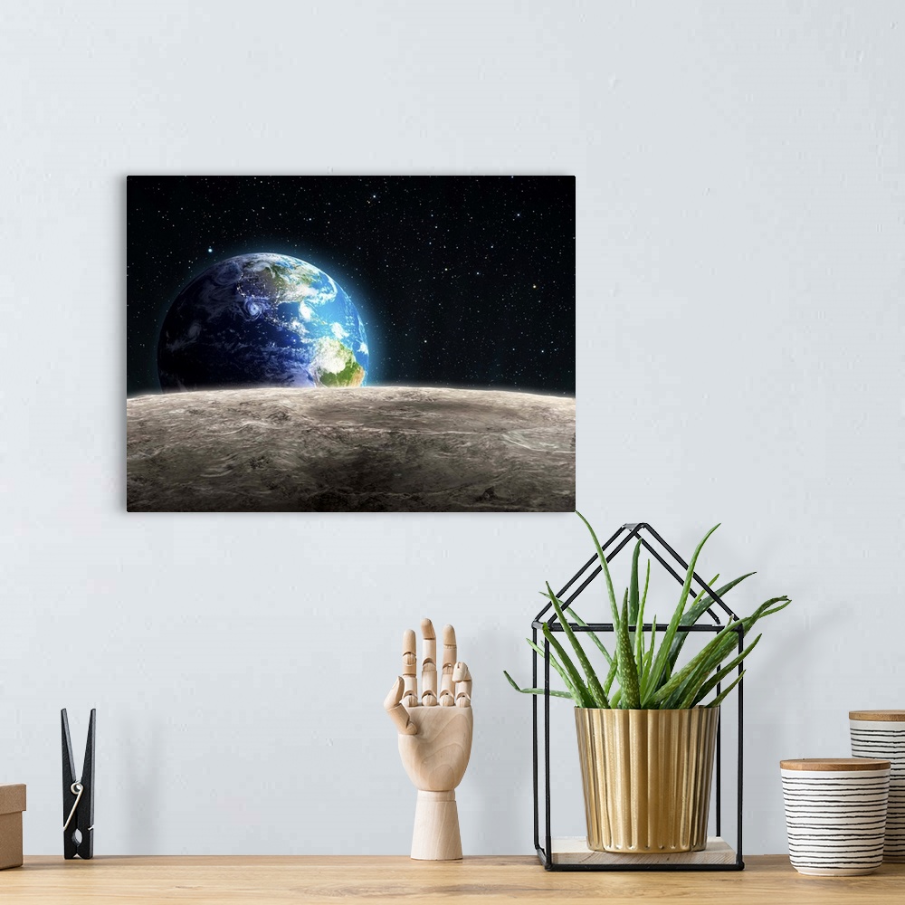 A bohemian room featuring Earthrise from the Moon, computer artwork.