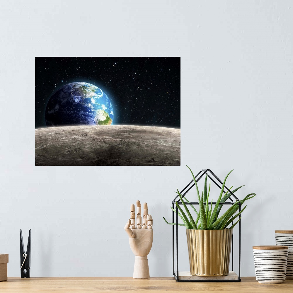A bohemian room featuring Earthrise from the Moon, computer artwork.