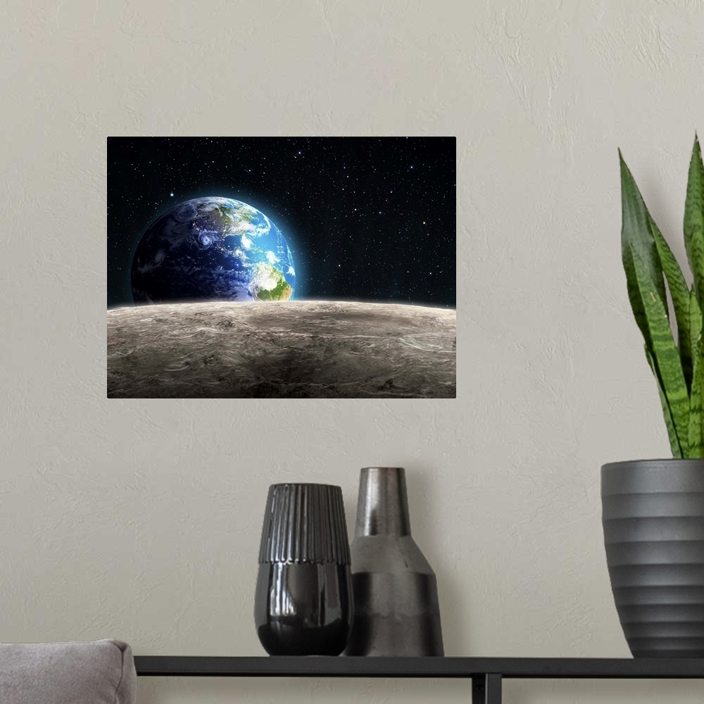 A modern room featuring Earthrise from the Moon, computer artwork.