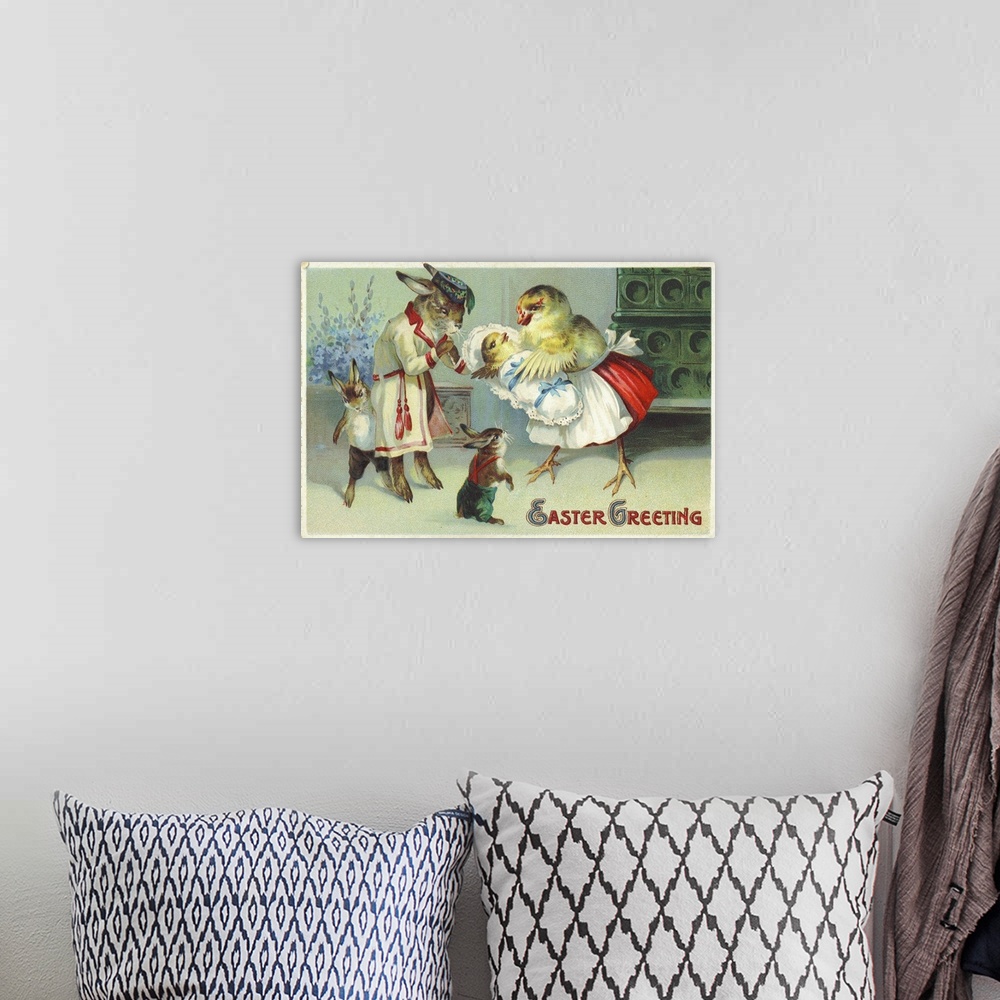 A bohemian room featuring Easter Greeting Postcard Depicting A Rabbit And Chick Family