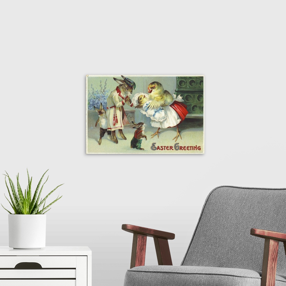 A modern room featuring Easter Greeting Postcard Depicting A Rabbit And Chick Family