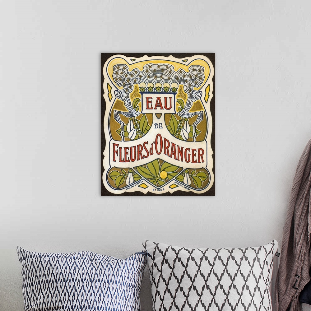 A bohemian room featuring An 1890's high art nouveau French perfume label. This appears to be influenced by the Dutch psych...