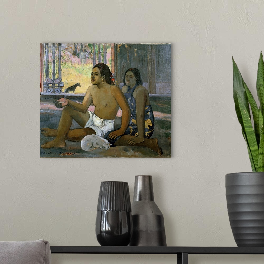 A modern room featuring Eiaha Ohipa (Not working). A Tahitian couple in a room, with a white cat asleep. Painting by Paul...