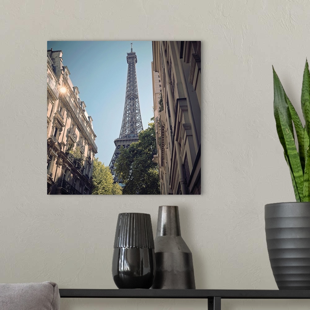 A modern room featuring Eiffel Tower taken from different angle.