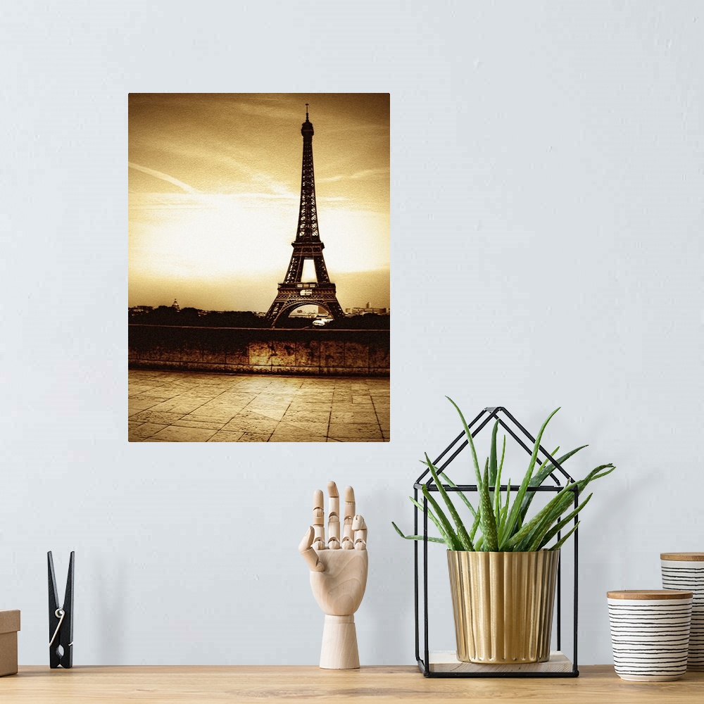 A bohemian room featuring Tall photo on canvas of the Eiffel Tower in sepia tones.
