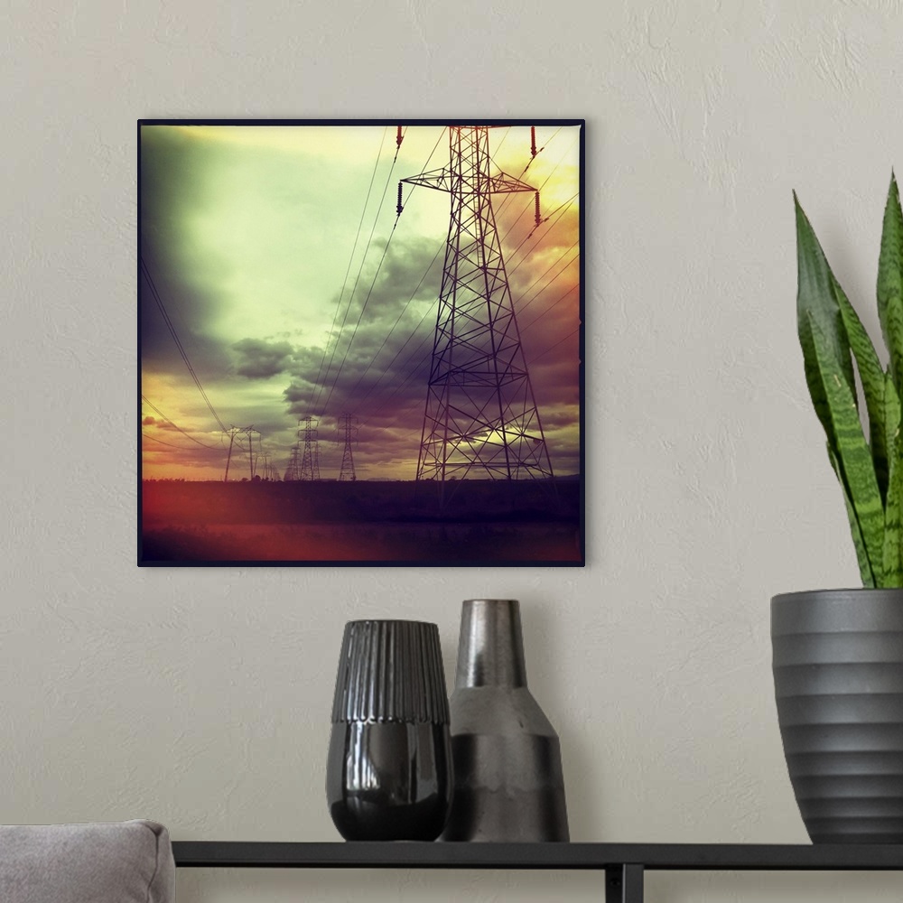 A modern room featuring Electricity pylons against cloudy sky in Woodland, California, US.