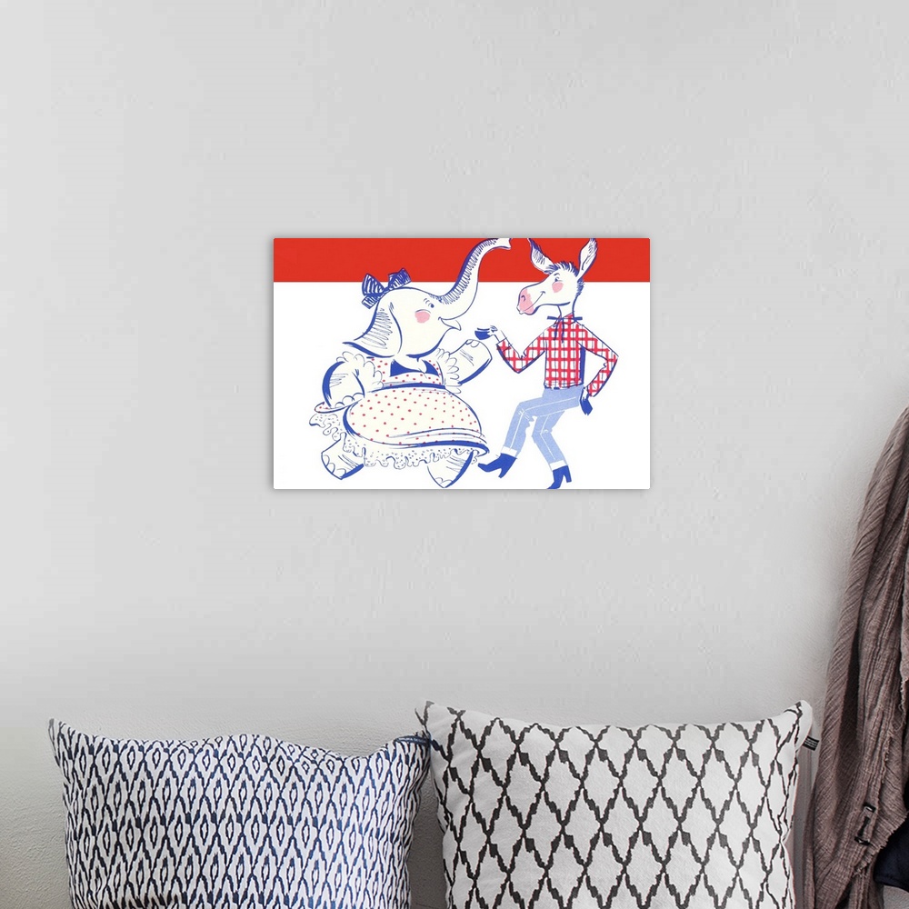 A bohemian room featuring Elephant Dancing With Donkey Political Poster